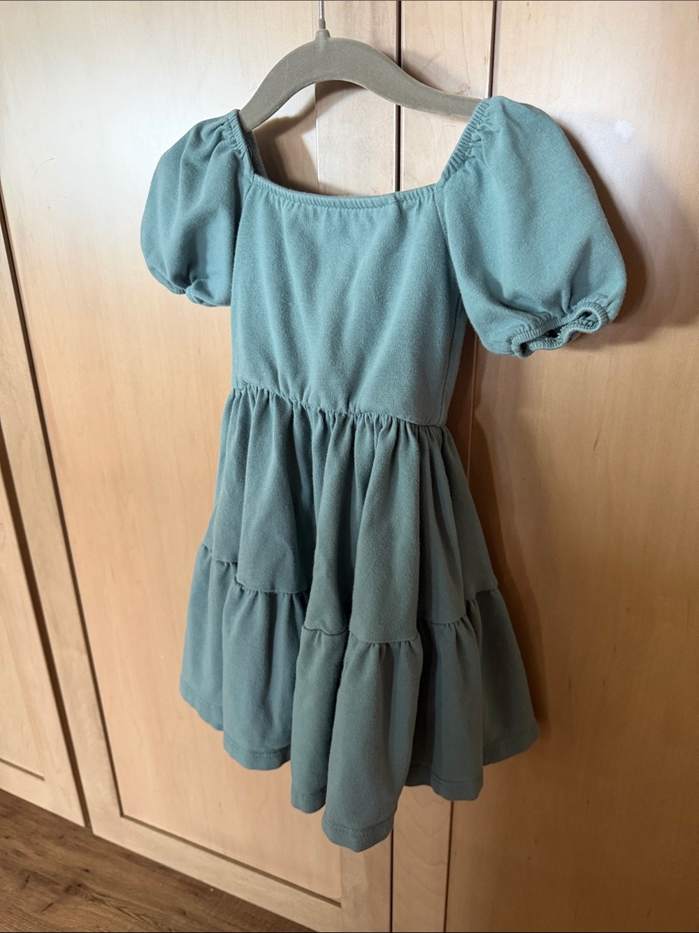 Girls Puff-Sleeve Tiered Dress in Sage Blue